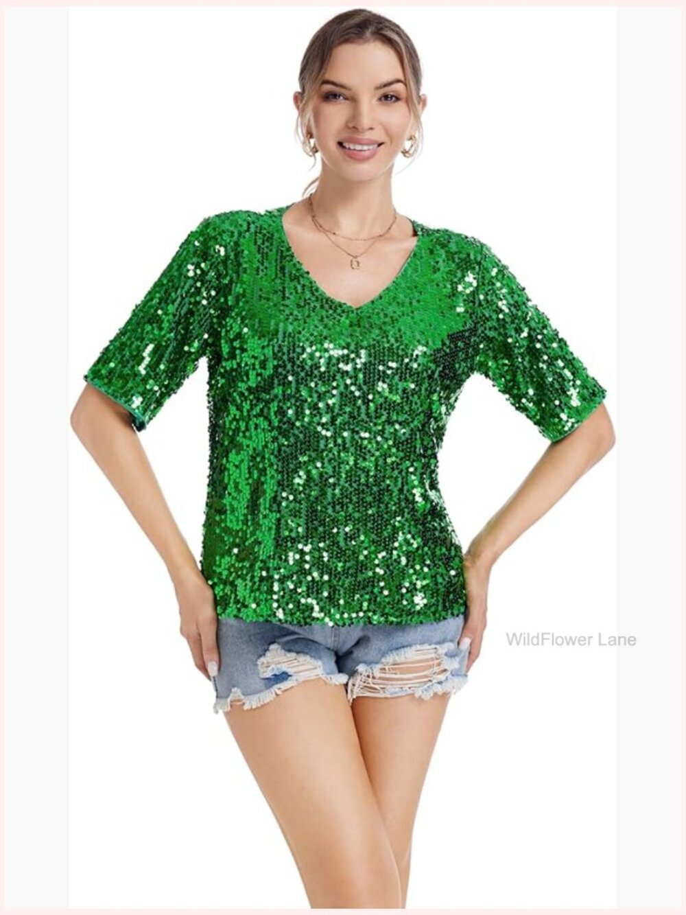 Glitter Sequin V Neck Loose Top Half Sleeve Sparkly Disco Party Tunic Blouse